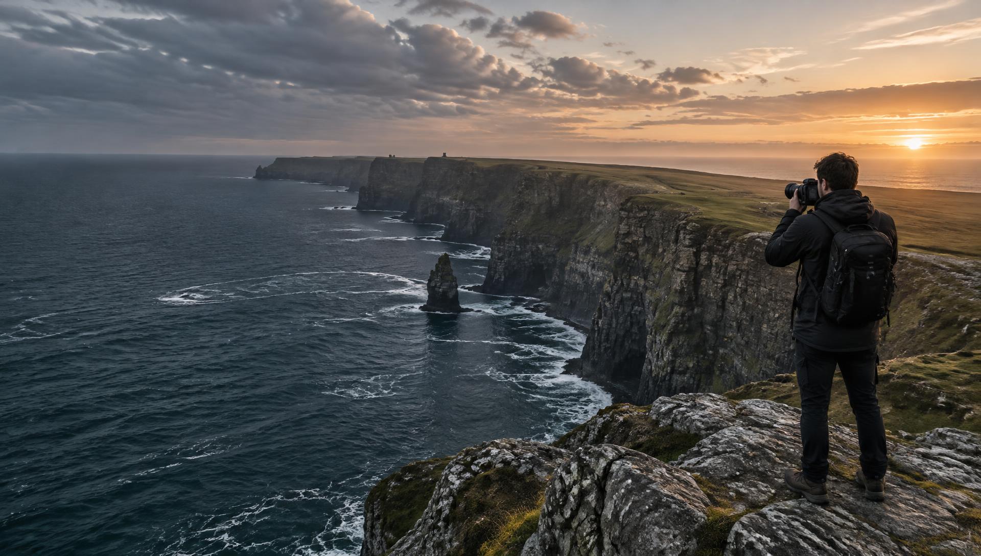A photographer capturing an expansive ocean coastline at sunset